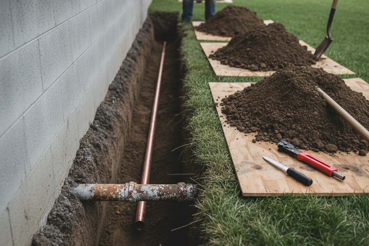 Excavated water line trench during Water Heater Repair in Brownsville
